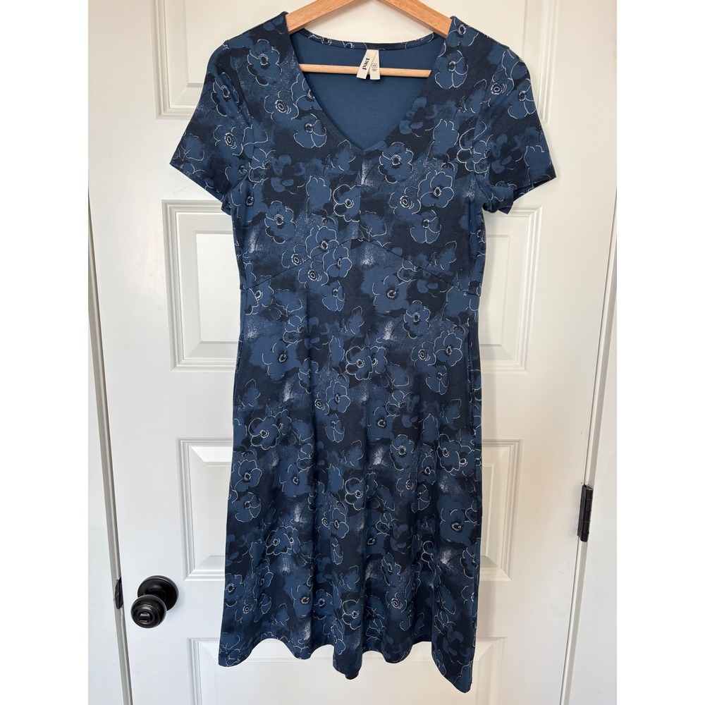 NEW Pact Organic Cotton V-Neck Floral A-Line Dress Blue Short Sleeve XS‎